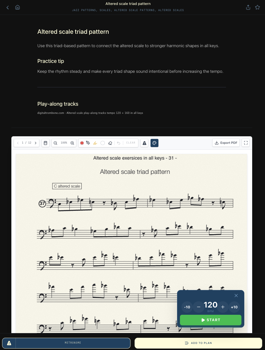 DigitalTrombone med noder, play-along og metronom