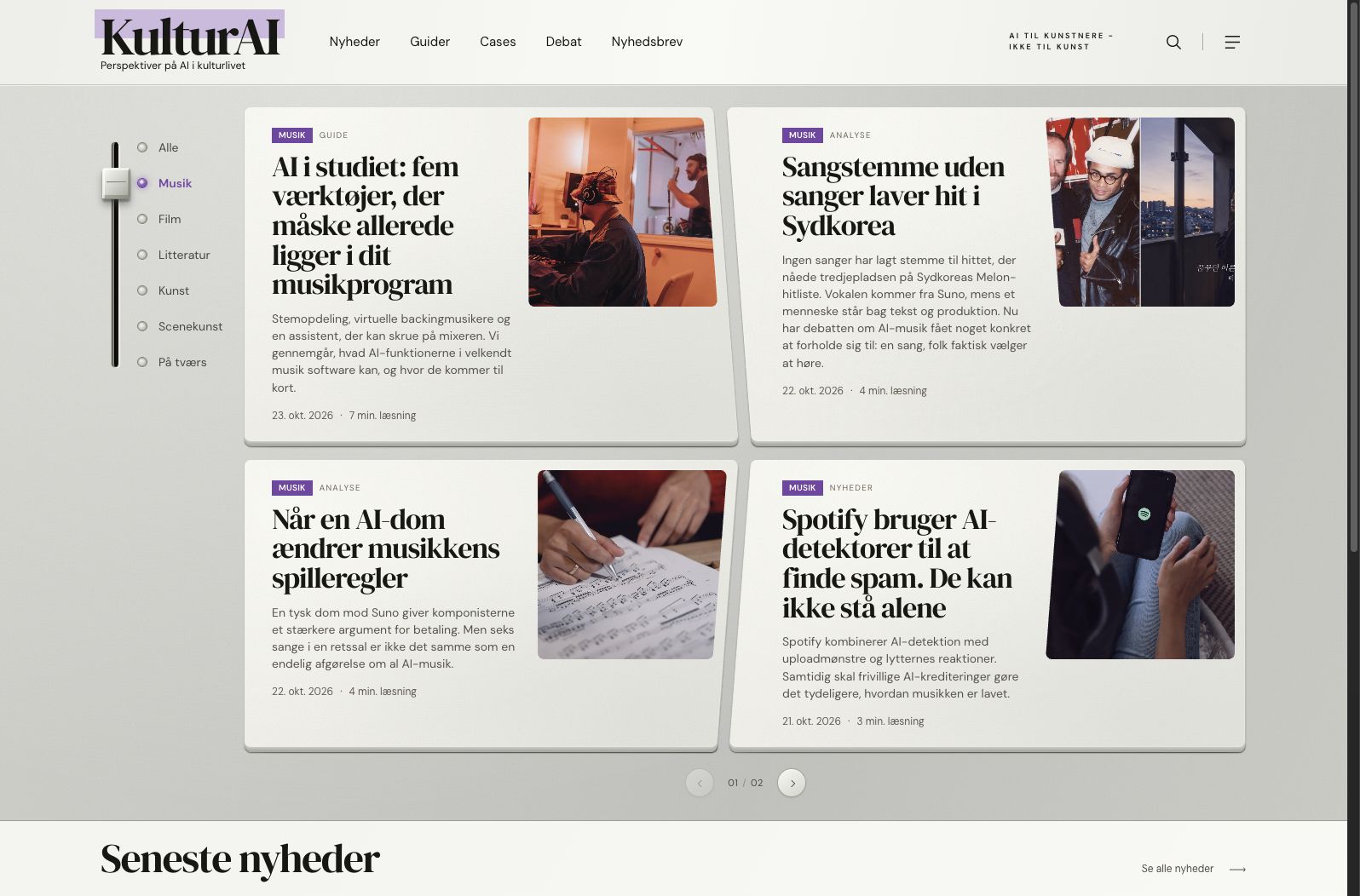 KulturAIs musiksektion med lilla logo og musiknyheder